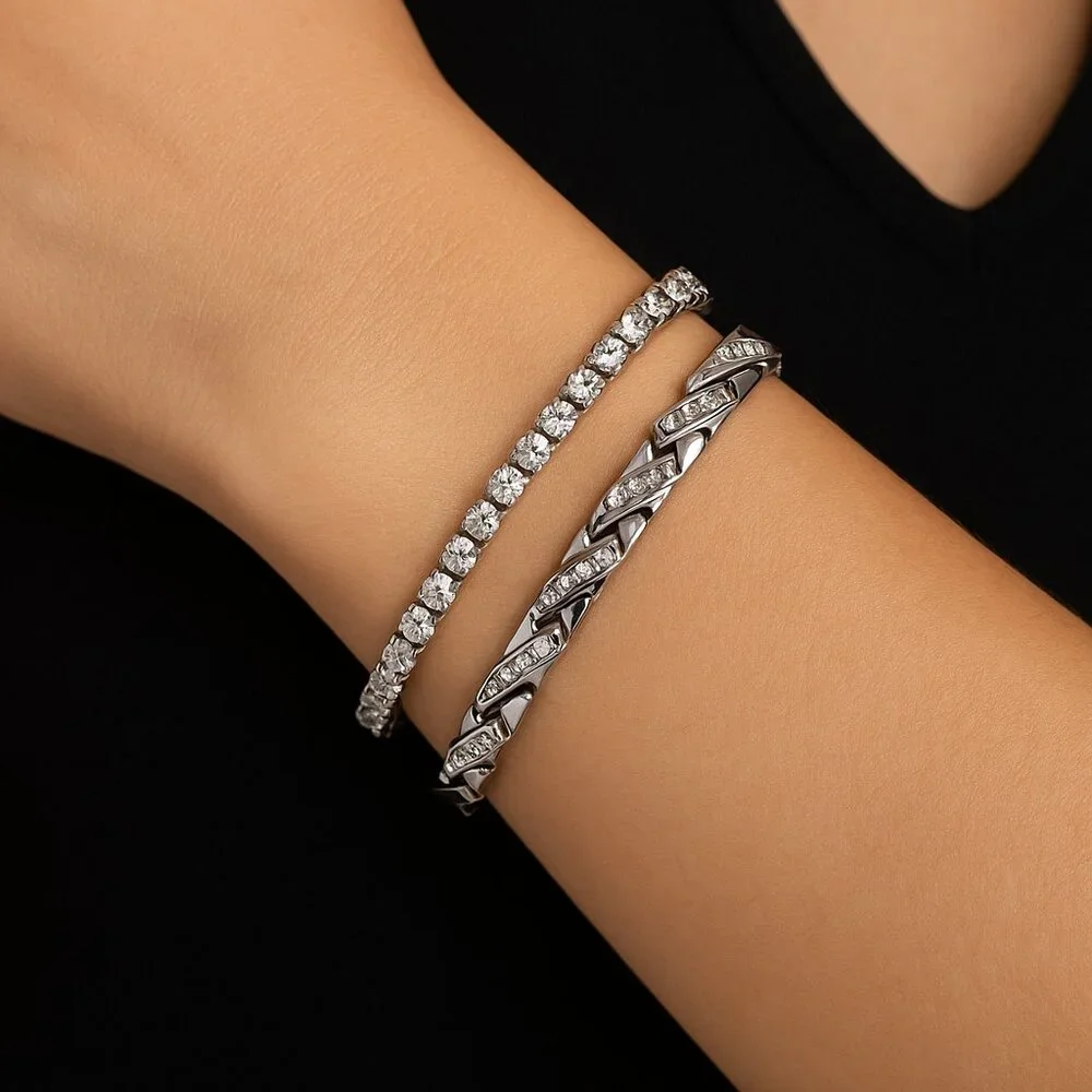 Silver-Tone Rhinestone Bracelet Stretch & Metal Rhinestone Bracelet Set